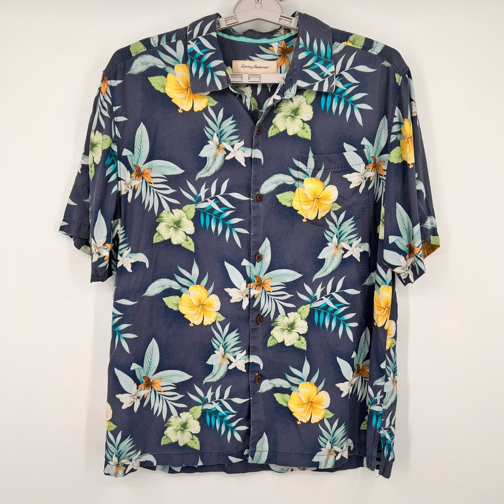 Tommy Bahama Mens Large Original Fit 100% Silk Navy Tropical Hibiscus Shirt